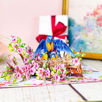 Mother Bird Pop Up Card 3D Bluebird Nest with Baby Birds and Pink Blossoms Heartwarming Mother's Day, Birthday, Thank You Greeting Card for Mom, Grandma, Wife, Her, Nature Lovers