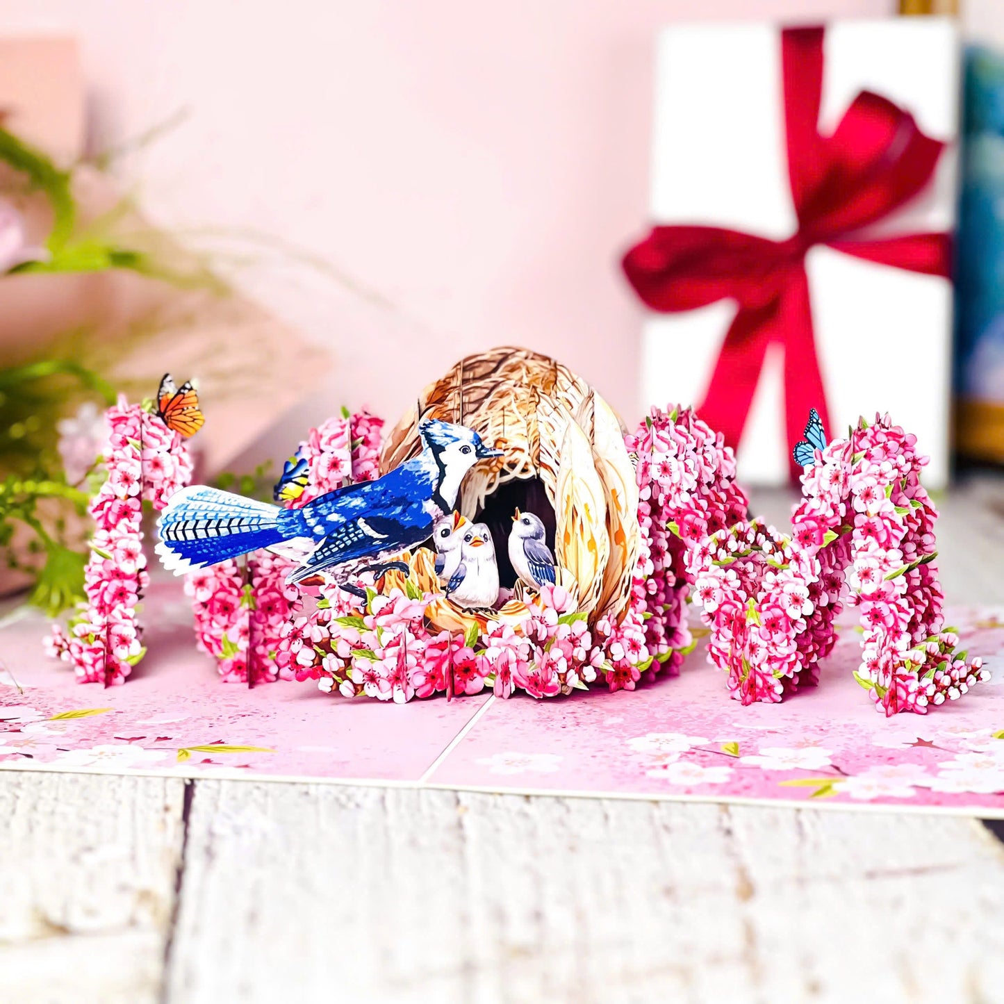 MOM Bird Nest Pop Up Card 3D Bluebird Feeding Nestlings Surrounded by Cherry Blossoms Beautiful Mother's Day, Birthday, Thank You Greeting Card for Mom, Grandma, Wife, or Her