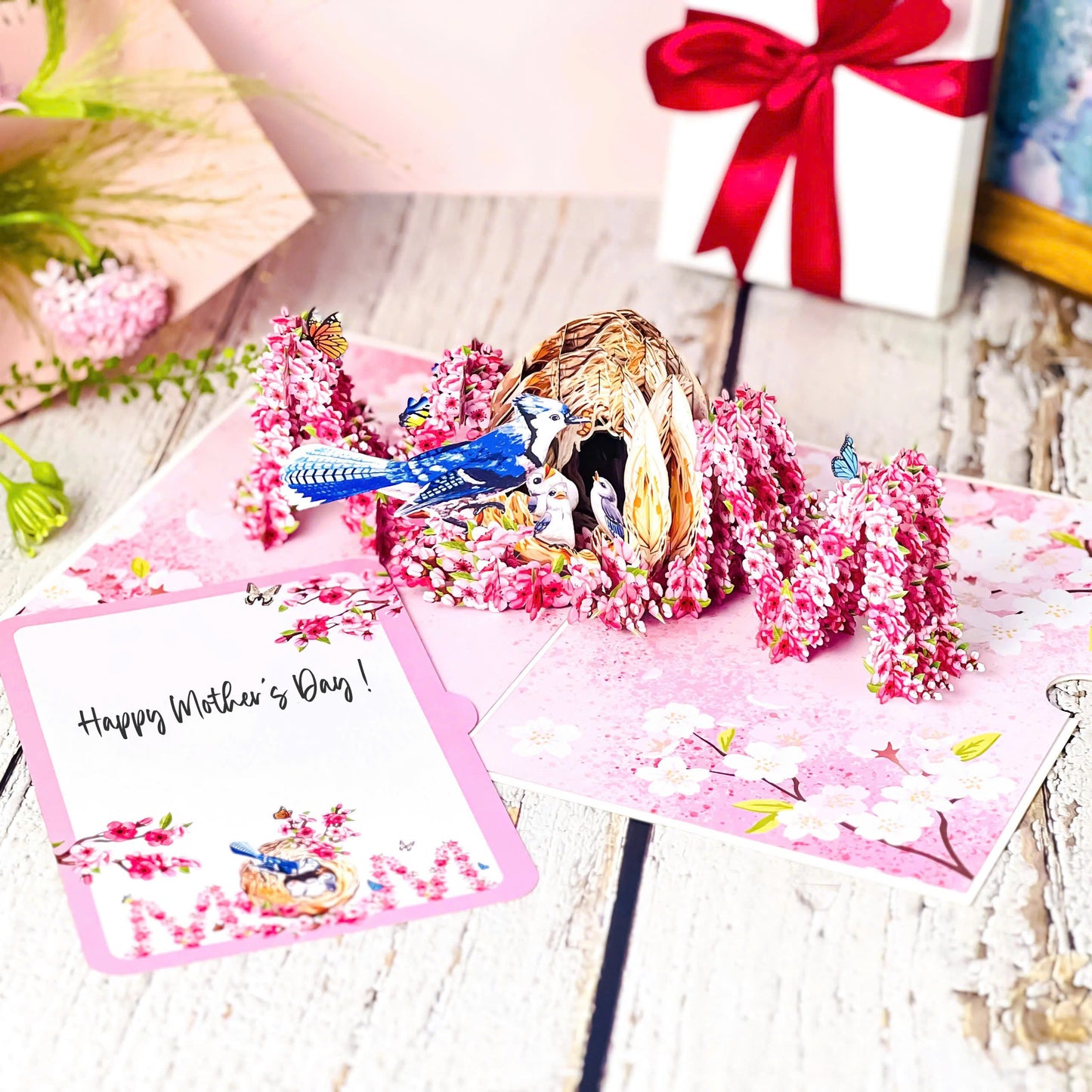 MOM Bird Nest Pop Up Card 3D Bluebird Feeding Nestlings Surrounded by Cherry Blossoms Beautiful Mother's Day, Birthday, Thank You Greeting Card for Mom, Grandma, Wife, or Her