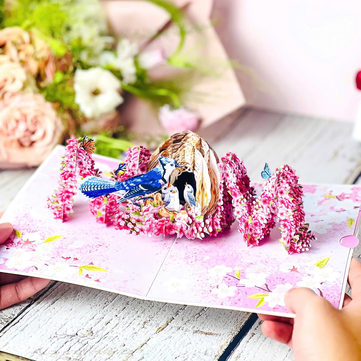MOM Bird Nest Pop Up Card 3D Bluebird Feeding Nestlings Surrounded by Cherry Blossoms Beautiful Mother's Day, Birthday, Thank You Greeting Card for Mom, Grandma, Wife, or Her