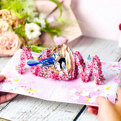 MOM Bird Nest Pop Up Card 3D Bluebird Feeding Nestlings Surrounded by Cherry Blossoms Beautiful Mother's Day, Birthday, Thank You Greeting Card for Mom, Grandma, Wife, or Her