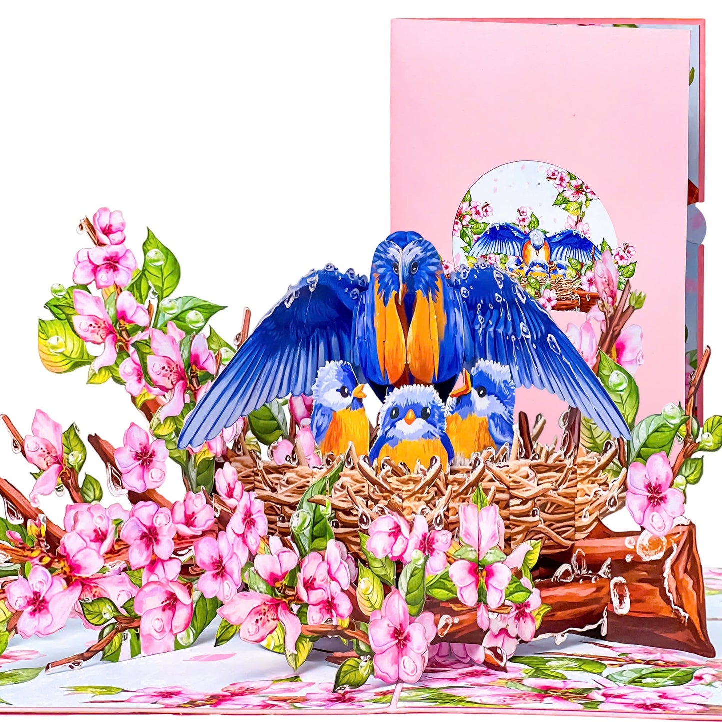 Mother Bird Pop Up Card 3D Bluebird Nest with Baby Birds and Pink Blossoms Heartwarming Mother's Day, Birthday, Thank You Greeting Card for Mom, Grandma, Wife, Her, Nature Lovers