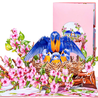Mother Bird Pop Up Card 3D Bluebird Nest with Baby Birds and Pink Blossoms Heartwarming Mother's Day, Birthday, Thank You Greeting Card for Mom, Grandma, Wife, Her, Nature Lovers