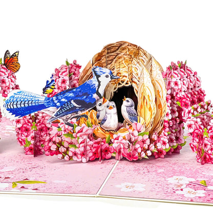 MOM Bird Nest Pop Up Card 3D Bluebird Feeding Nestlings Surrounded by Cherry Blossoms Beautiful Mother's Day, Birthday, Thank You Greeting Card for Mom, Grandma, Wife, or Her