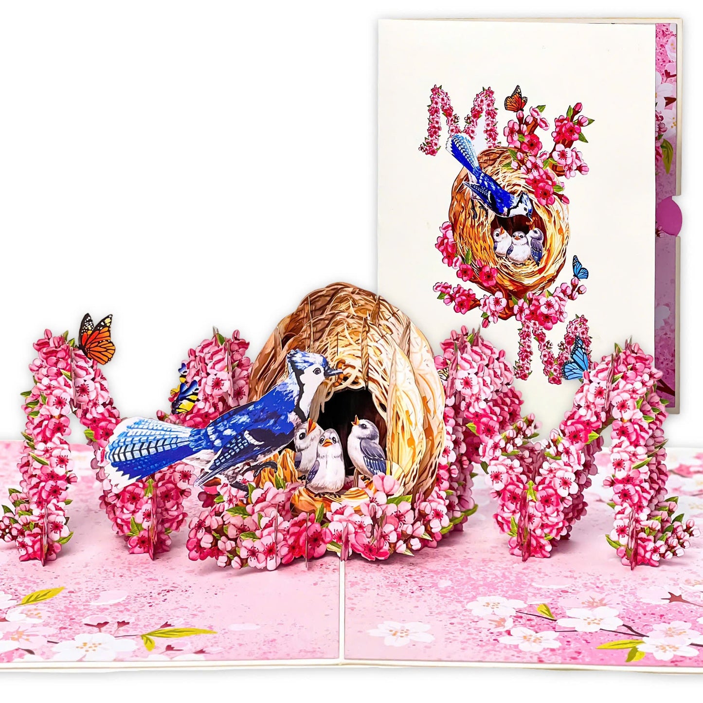 MOM Bird Nest Pop Up Card 3D Bluebird Feeding Nestlings Surrounded by Cherry Blossoms Beautiful Mother's Day, Birthday, Thank You Greeting Card for Mom, Grandma, Wife, or Her